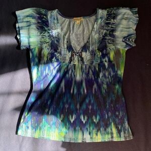 ONE WORLD Blue and Green Patterned Blouse